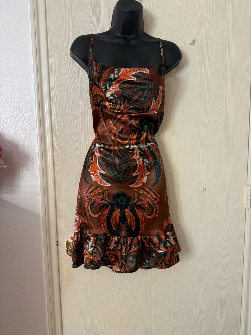 Brown Paisley Satin Slip Dress with Ruffle Hem